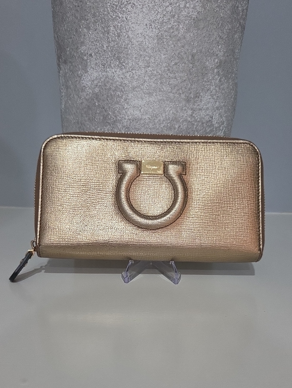 Salvatore Ferragamo Metallic Rose Gold Gancini Zip Wallet / COA INCLUDED